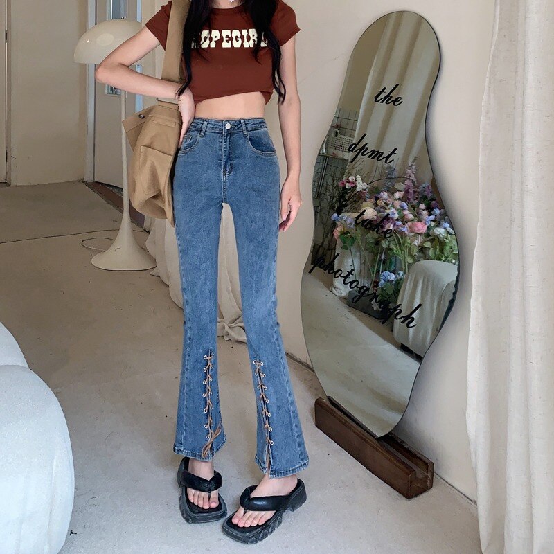 High Waist Denim Pants Women 2022 Spring Autumn New Fashion Trumpet Trousers Female Slim Stretch Split Jeans Woman